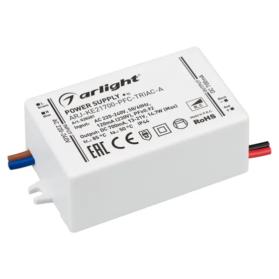 Фото #1 товара Блок питания ARJ-KE21700-PFC-TRIAC-A (15W, 700mA) (Arlight, IP44 Пластик, 5 лет)