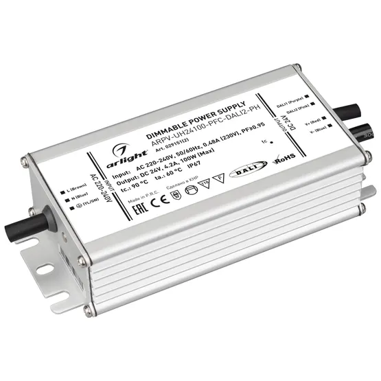 Фото #1 товара Блок питания ARPV-UH24100-PFC-DALI2-PH (24V, 4.2A, 100W) (Arlight, IP67 Металл, 7 лет)