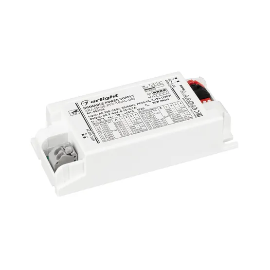 Фото товара Блок питания ARJ-SP-30-PFC-TRIAC-INS (30W, 9-42V, 0.15-0.9A) (Arlight, IP20 Пластик, 5 лет)