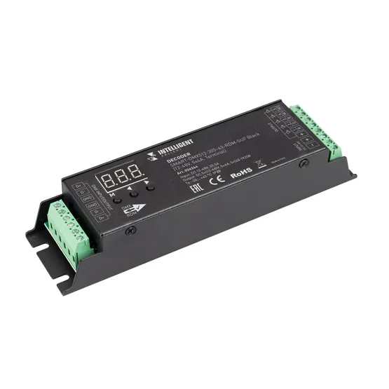 Фото товара INTELLIGENT ARLIGHT Декодер SMART-DMX512-305-63-RDM-SUF Black (12-48V, 5x4A, Terminal) (IARL, IP20 Металл, 5 лет)